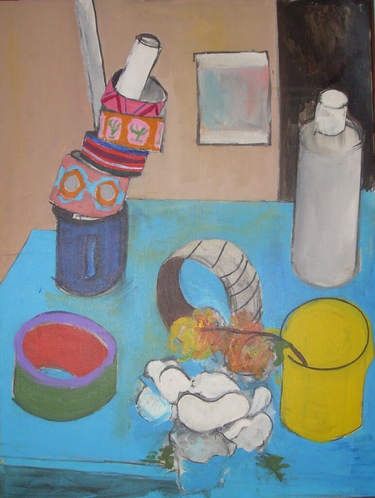 A Painting of a Blue Top Painting With Bottles