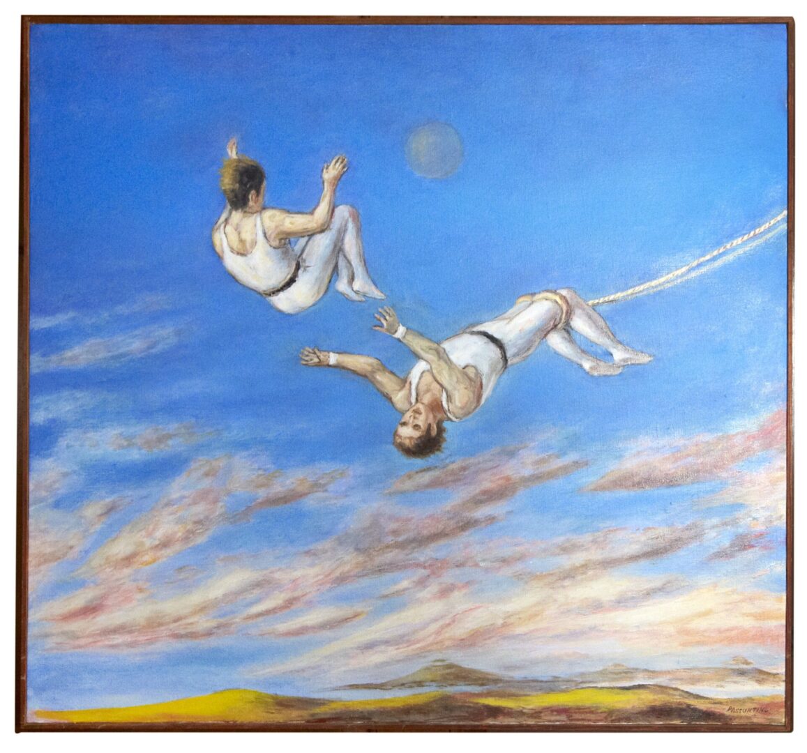 Two Men Doing Trapeze Painting Representation