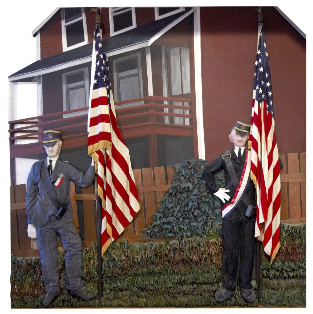 A Painting of Two Men Holding Flags